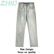 ZHIOFrom Mars 做舊復古水洗泛黃直筒牛仔褲國ins街頭寬松bf長(cháng)褲 黃泥色 S