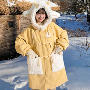森女部落原創(chuàng)可愛小羊肌理感中長款棉衣棉服年新款女裝秋冬裝 奶黃色（單件） 單件 S