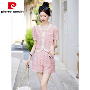 皮爾卡丹（pierre cardin）小香風(fēng)短褲套裝女2025夏新款小個(gè)子洋氣時(shí)尚網(wǎng)紅蕾絲兩職業(yè)裝 粉色【套裝】 L【建議105-115斤】
