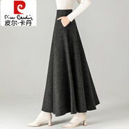 皮爾卡丹（pierre cardin）冬季毛呢長(cháng)裙半身裙加厚a字裙高腰大擺長(cháng)裙純色大碼呢子冬長(cháng)裙女 深灰格紋 2XL 2.6尺-2.7尺
