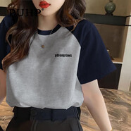 puhp女裝t恤女2025夏季新款歐貨短袖寬松顯瘦拼接撞色半袖上衣 花灰/寶藍插肩款撞色短袖 L_推薦115-125斤