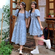 法式泡泡袖連衣裙女長(zhǎng)短款夏季閨蜜裝遮肚顯瘦氣質(zhì)連衣裙 藍(lán)色短款 收藏店鋪優(yōu)先發(fā)貨 M 96-110斤