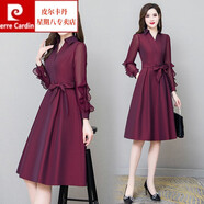 皮爾卡丹（pierre cardin）連衣裙秋裝女2023年新款長(zhǎng)袖雪紡春秋小個(gè)子高檔奢華品牌喜婆婆婚 酒紅色 L