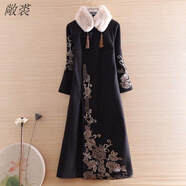 范哲莎（預(yù)售）國風(fēng)改良版旗袍女秋冬復(fù)古顯瘦大碼女裝中國風(fēng)改良旗袍毛 黑色 毛呢 M 建議100斤以下