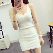 青衣麻相夏裝新款女裝鉤花蕾絲V領針織吊帶連衣裙無袖打底包臀背心裙 針織吊打裙：白色 均碼