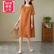 愛(ài)夸貓（AIKUAMAO）棉麻連衣裙中長(cháng)款棉麻2024夏季韓版連衣裙簡(jiǎn)約文藝純棉寬松顯瘦大 焦糖(單件裝) L 建議110-125斤