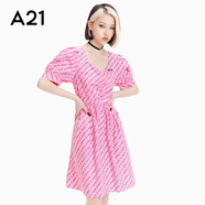 A21ins潮女裝方領(lǐng)傘裙字母印花泡泡短袖中長韓版小清新連衣裙 粉色 M
