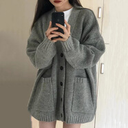 小野七天毛衣外套春秋寬松外穿日系慵懶風(fēng)復(fù)古軟糯針織開(kāi)衫韓風(fēng)外套 毛衣開(kāi)衫【灰色均碼】