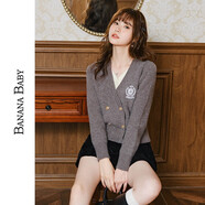 BANANA BABY2023秋新款假兩件V領(lǐng)針織開衫女復(fù)古學(xué)院風設(shè)計感上衣D234MY718 灰色 L
