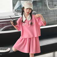 G.DUCKKIDS童裝女童套裝夏季2024新款中大童女孩夏裝扎染純棉短袖T恤半身裙 粉色polo套裙 150 建議身高140-150cm年齡11-12歲
