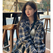 素織錦復(fù)古格子襯衫女士夏季女裝2025新款春夏通勤休閑長(zhǎng)袖開(kāi)衫寬松襯衣 慵懶風(fēng)格子襯衫【藏青色】均碼