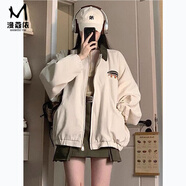 漫蔻依美式復(fù)古夾克外套女2025春秋新款寬松百搭潮牌撞色棒球服開衫上衣 米白色 有里布 M