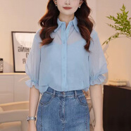 【阿瑪詩(shī)專(zhuān)柜女裝】2026新款氣質(zhì)百搭翻領(lǐng)荷葉邊兩件套襯衫短袖女 水清藍 哥弟 S /2碼