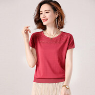 歌米拉 冰絲短袖T恤女鉤花鏤空針織衫新款薄款夏裝遮肚子顯瘦上衣寬松 櫻桃紅 XL