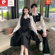 皮爾卡丹（pierre cardin）特別的情侶裝夏春秋襯衫百搭假二件連衣短裙顯瘦學院一裙一衣針織 女裙 L