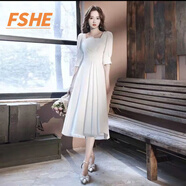 FSHE敬酒服新娘2025新款訂婚裙春秋五分袖酒紅色連衣裙女平時(shí)可穿小個(gè) 白色中袖中長(cháng)款 XL
