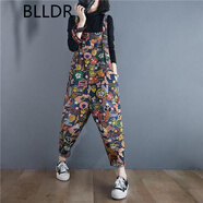 BLLDR印花牛仔褲背帶褲女春夏新款高腰休閑減齡闊腿褲寬松顯瘦連體褲子 藍底印花長(cháng)褲 M【建議95-120斤】