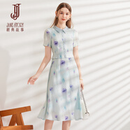 經(jīng)典故事（JANE STORY）2024新款復(fù)古中國風(fēng)水墨印花連衣裙女夏季修身大氣中式襯衫裙子 藍(lán)紫花 L
