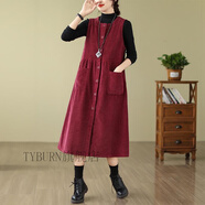 TYBURN英子文藝芯絨背帶裙大.碼背心裙秋冬寬松連衣裙 酒紅色 3XL  (建議155-165斤