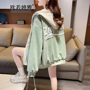 歐若婷雅新款羊羔毛雙面穿春秋外套女學(xué)生韓版百搭休閑寬松型連帽棒球服潮 綠色 S