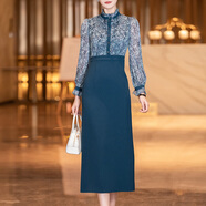 首尚格釋?zhuān)⊿USONGETH）夏季連衣裙女2024年新款時(shí)尚優(yōu)雅雪紡拼接印花修身顯瘦立領(lǐng)直筒裙 藍底印花【預售5月31日發(fā)貨】 S