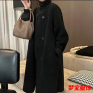 事思冬季羊羔毛長(zhǎng)款大衣美拉德女寬松圓領(lǐng)加厚皮毛一體外套毛毛風(fēng)衣 黑色  羊羔毛皮毛一體 S 體重80-120