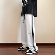憶克薩 褲子男秋季ins潮牌高街寬松直筒褲美式痞帥ulzzang運動(dòng)休閑褲 白色 M