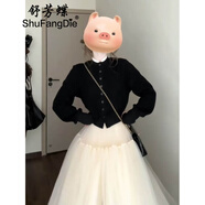 舒芳蝶（shufangdie）連衣裙女裝2025秋冬季新款圓領(lǐng)針織開(kāi)衫上衣網(wǎng)紗半身裙兩件套女潮 外套+半身裙 XL