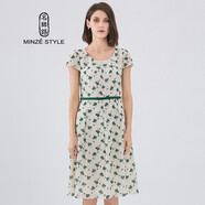 名師路夏裝新款印花雪紡連衣裙植物花卉淑女短袖A字女裙子 杏色 L