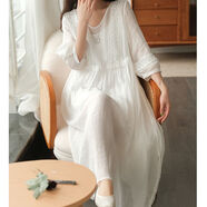 予坤棉麻連衣裙 亞麻裙子高檔斷碼撤柜剪標(biāo)女文藝天絲苧麻V領(lǐng)蕾絲大擺 白色 M【建議95-115斤】
