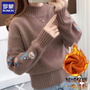 羅蒙（ROMON）羊毛衫女毛衣女秋冬2025半高領(lǐng)純色毛衣韓版短款繡花袖針織打底衫 咖啡色加絨 M