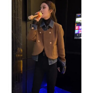 布舒瑤小香風(fēng)假兩件毛呢短款外套女2024冬季時尚設(shè)計感拼接牛仔呢子上衣 咖色 S 建議70-95斤