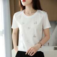 慕美意（MUMEIYI）高端轻奢品牌100%丝光棉女士纯棉T恤夏季新款印花圆领百搭短袖 白色 S