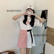 琪可朵（CHIC DOLL）閨蜜裝春夏新款兩件套裝二人姐妹裝ins設計感短袖t 恤裙女潮 白t+粉裙 M