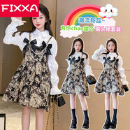 FIXXA女童春秋裝連衣裙2025新款洋氣兒童襯衫公主裙套裝夏季吊帶裙子潮 貓咪春秋款 140