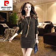 皮爾卡丹（pierre cardin）歐美春秋新款時(shí)尚衣服寬松亮閃閃裙子女人味遮肚藏肉連衣裙秋氣質(zhì) 金色 3XL建議150-180斤