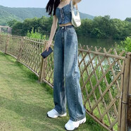 GOCHIEI復(fù)古牛仔褲女春秋季寬松闊腿褲高腰顯瘦時(shí)尚直筒小個(gè)子百搭拖地褲 復(fù)古色 L (105-115)