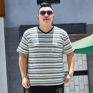 豪朗格 胖子男裝加肥加大碼條紋短袖t恤特大號寬松半截袖體恤上衣超大號XXXXXL 綠色 2XL