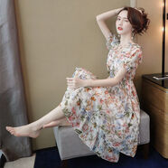 vuzrmm輕奢碎花雪紡連衣裙女夏2024夏季新款V領(lǐng)百搭釘珠印花收腰大擺裙 圖片色 S