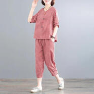 韓秀純棉質(zhì)兩件套2024夏裝文藝復(fù)古上衣休閑九分褲格子套裝女洋氣 紅色【一套】 XL 建議【115-130斤】