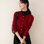兔皇（TUHUANG）【純羊毛開(kāi)衫】25秋冬圓領(lǐng)紅色簡(jiǎn)約百搭氣質(zhì)女羊毛外套TW12A4960