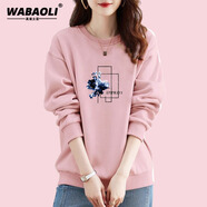WABAOLI高端品牌 純棉圓領(lǐng)印花套頭長袖衛(wèi)衣女秋冬季款大碼韓版寬松顯瘦 粉色春秋款 S 建議體重80-98斤