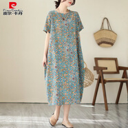 皮爾卡丹（pierre cardin）中年婦女連衣裙高檔復古碎花棉麻短袖女夏季遮肉顯瘦寬松繭型亞麻 圖片色 L 【100-140斤】