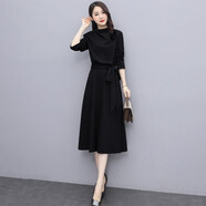 穆夏百合2025年秋裝新款春季女裝遮肚子長(zhǎng)袖連衣裙中長(zhǎng)款裙子打底裙a字裙 黑色 M （90-118斤）