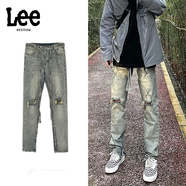 Lee ryetom美式hiphop高街飄帶破洞牛仔褲男ins潮牌褲腳拉鏈直筒修身長褲子 灰色【有飄帶】 S