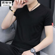 費洛仕夏季男士短袖T恤純色棉線修身潮流V領白色半袖上衣服夏裝冰絲體恤 黑色 5XL (175-190)