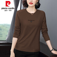 皮爾卡丹（pierre cardin）高檔純棉長(cháng)袖t恤女2025新款春秋中年婦女體恤秋裝刺繡打底衫上衣 咖啡色 L建議110-120斤