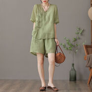 FDPV棉麻套裝兩件套復古裝復古時(shí)尚女士2023夏薄款短袖上衣寬松短褲女