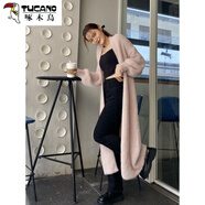 啄木鳥（TUCANO）秋冬新款針織開衫毛衣女仿仿貂絨長款寬松大衣加厚法式慵懶風(fēng)外套 淺藕粉加長款 加厚 S