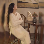季珍菲高級感V領(lǐng)法式針織連衣裙子女秋冬配大衣內搭冬裝打底長(cháng)款毛衣裙 法式連衣裙米白色【85-140斤】